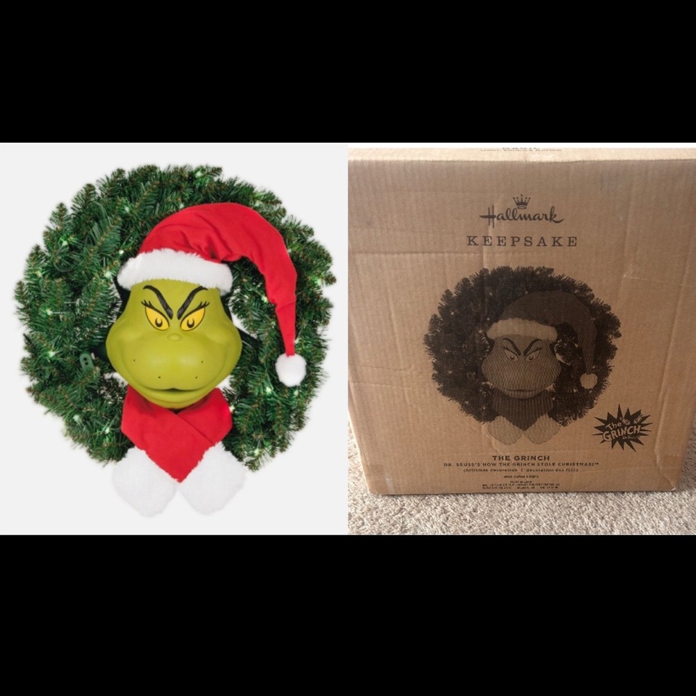 Hallmark Grinch Wreath with Red Santa Hat